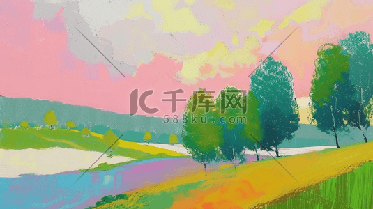 春天景色手绘插画图片_简约手绘春天景色风景如画的插画1