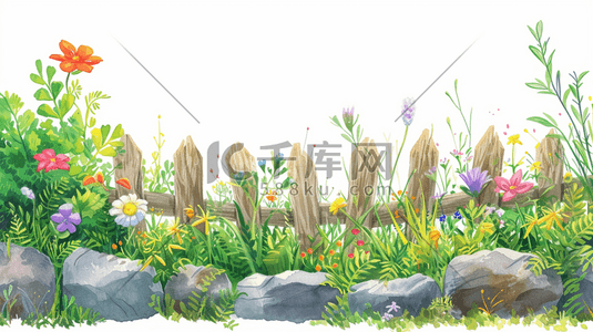 石头插画图片_简约春天石头围栏上花朵草坪的插画13