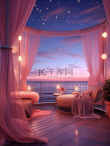 阳台浅粉色窗纱梦幻美丽插画海报