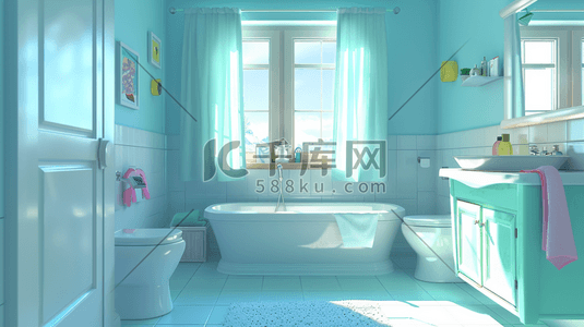 浴室插画图片_蓝色简约干净浴室场景的插画11