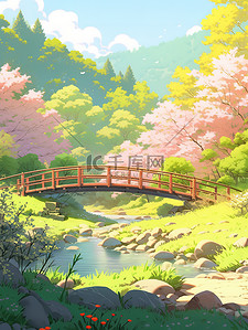 山景观插画图片_春天小桥和山的动漫景观插画素材