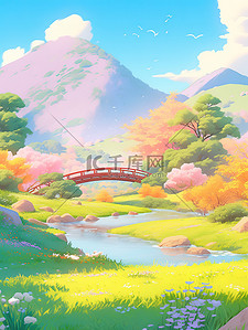 春天小桥和山的动漫景观插画素材