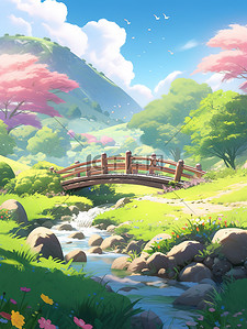春天小桥和山的动漫景观插画海报