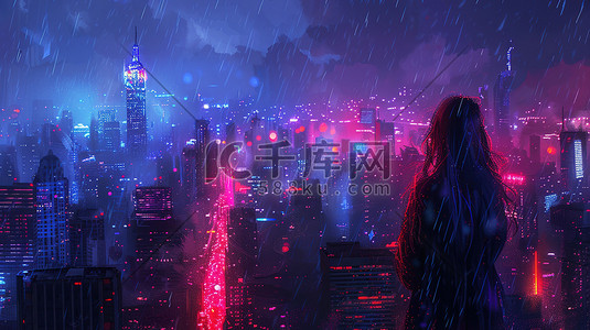 科幻未来城市夜间景观插画海报