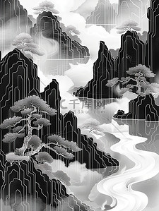 中国山水线性黑白简约插画