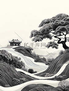 黑白简约插画图片_中国山水线性黑白简约插画