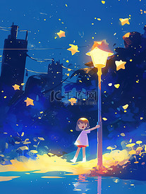 孩子走在星星照亮的灯柱插画图片