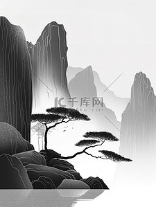 黑白简约插画图片_中国山水线性黑白简约插画