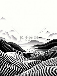 中国山水线性黑白简约插画