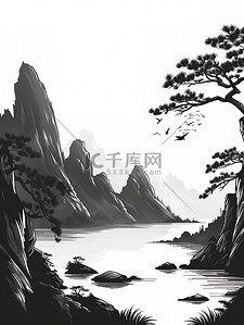 语文黑白插画图片_中国山水线性黑白简约插画