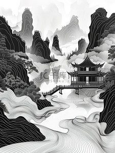 语文黑白插画图片_中国山水线性黑白简约插画