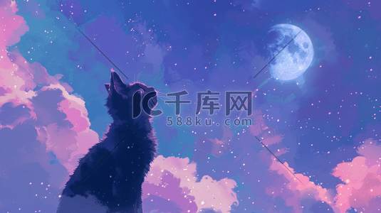 山顶插画图片_蓝色缤纷夜晚风景小猫站在山顶的插画5