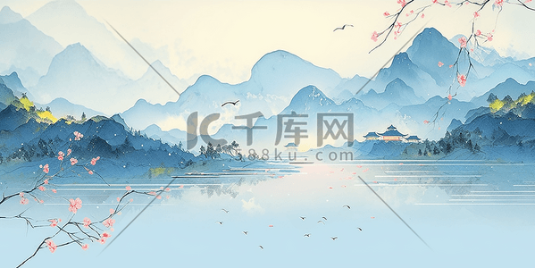 优雅淘宝插画图片_清明节清明中国风山水画古风插画背景