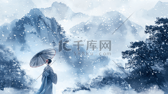 冬天冬季雪山雪景山水古风中国风插画