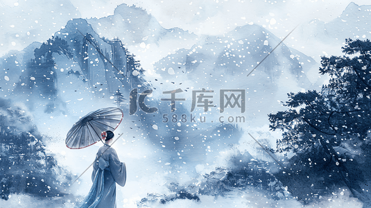 冬天雪景插画图片_冬天冬季雪山雪景山水古风中国风插画