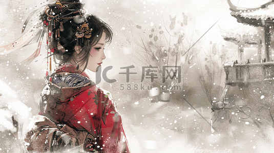 古风中国风冬季冬天雪景汉服女性插画