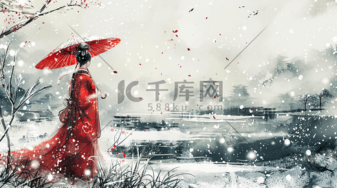 冬季冬天古风中国风汉服女性雪景插画