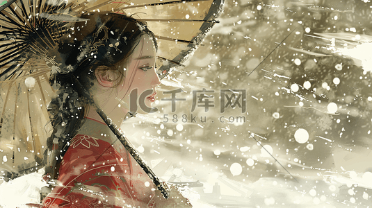 古风中国风冬季冬天雪景汉服女性插画