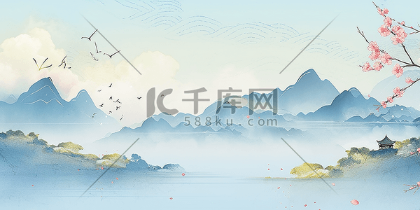 边框优雅插画图片_清明节清明中国风山水画插画背景