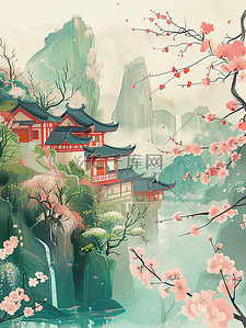 春天青山花朵中国风山水画插画