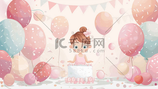 蛋糕女孩插画图片_彩色手绘女孩生日气球蛋糕的插画2