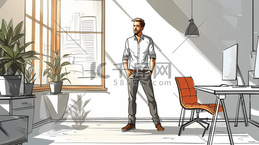 男士头发插画图片_手绘时尚现代办公室男士站立的插画5