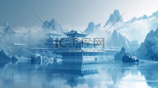 蓝色河水插画图片_蓝色渐变山水自然风景风光的插画9