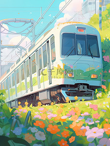 列车海报插画图片_轨道上的地铁鲜花环绕插画海报