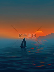 海洋孤独的帆船的剪影插画