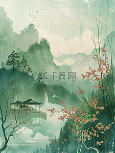 青山隐含插画图片_春天青山花朵中国风山水画插画海报