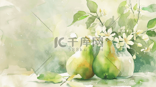 绿色简约清新艺术绘画梨子花朵的插画2