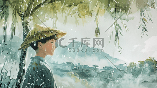 远望插画图片_手绘下雨树下男孩带斗笠的插画2
