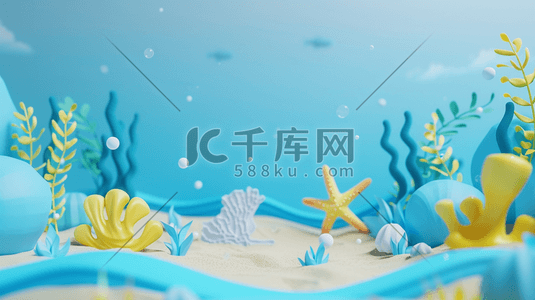 海洋海底插画图片_蓝色简约海洋海底生物鱼类水草的插画16