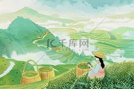 青山隐含插画图片_茶园手绘采茶插画海报