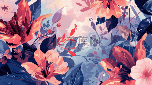 彩色手绘缤纷花朵树叶纹理的插画6