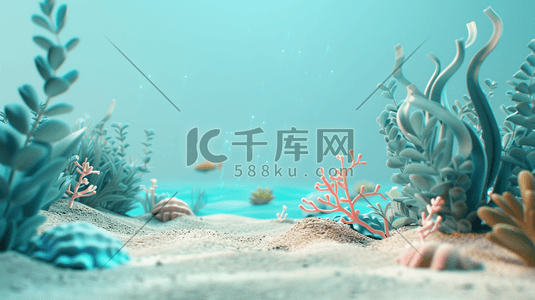 蓝色简约海洋海底生物鱼类水草的插画31