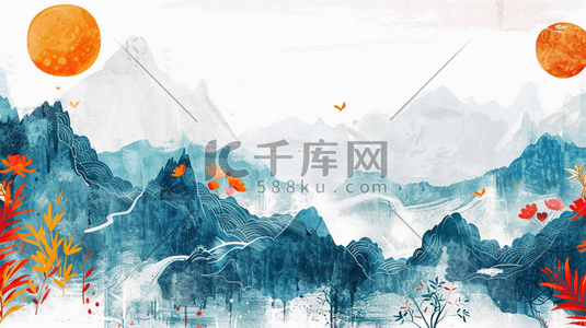 中国风乡村插画图片_中国风山水风景手绘插画11