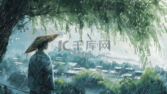 远望插画图片_手绘下雨树下男孩带斗笠的插画3