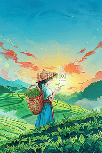 茶叶发酵插画图片_茶园女孩采茶农忙手绘海报插画海报