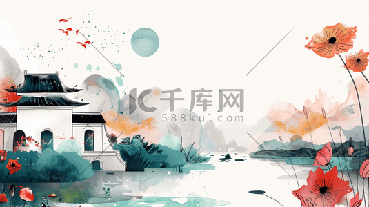 中国风山水风景手绘插画7