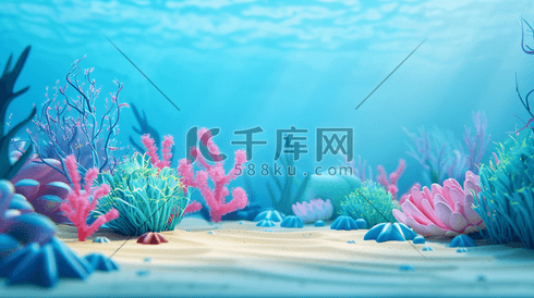 蓝色简约海洋海底生物鱼类水草的插画9