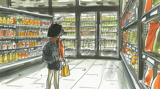 便利店卖货插画图片_手绘彩色便利店外女孩背包的插画2