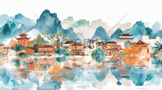 中国风乡村插画图片_中国风山水风景手绘插画2