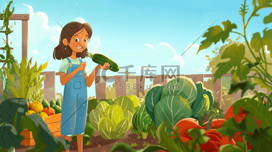 彩色手绘女孩拿水果蔬菜的背景2插画图片