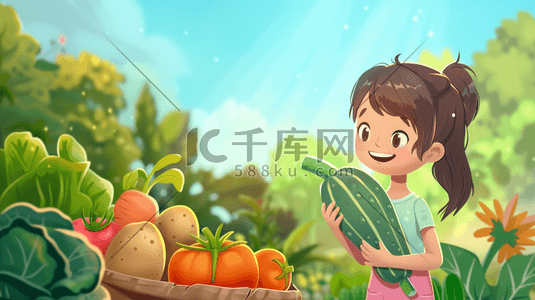 红色党背景插画图片_彩色手绘女孩拿水果蔬菜的背景5插图