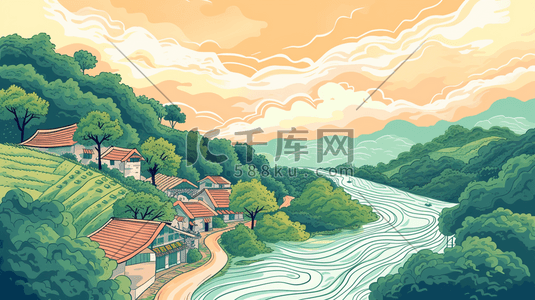 条纹渐变插画图片_简约卡通平面田园村庄风景景色的插画15