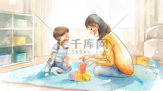 陪伴妈妈插画图片_彩色绘画艺术母亲陪伴宝宝玩具的插画4