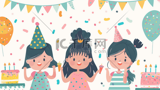 卡通蜡烛蛋糕插画图片_手绘卡通女孩们生日聚会气球的插画3