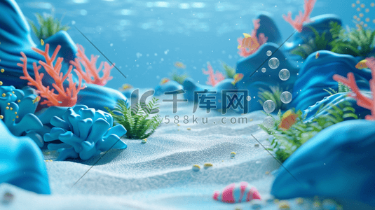 生物插画图片_蓝色简约海洋海底生物鱼类水草的插画13