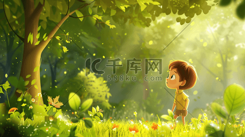 彩色卡通森林树木场景孩童探险的插画5